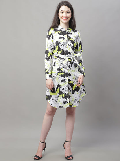 Jainish Women's White Printed A-Line Dresses With Belt