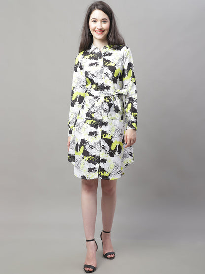 Jainish Women's White Printed A-Line Dresses With Belt