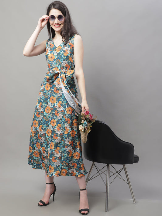 Jainish Women's Teal Blue Printed A-Line Dresses