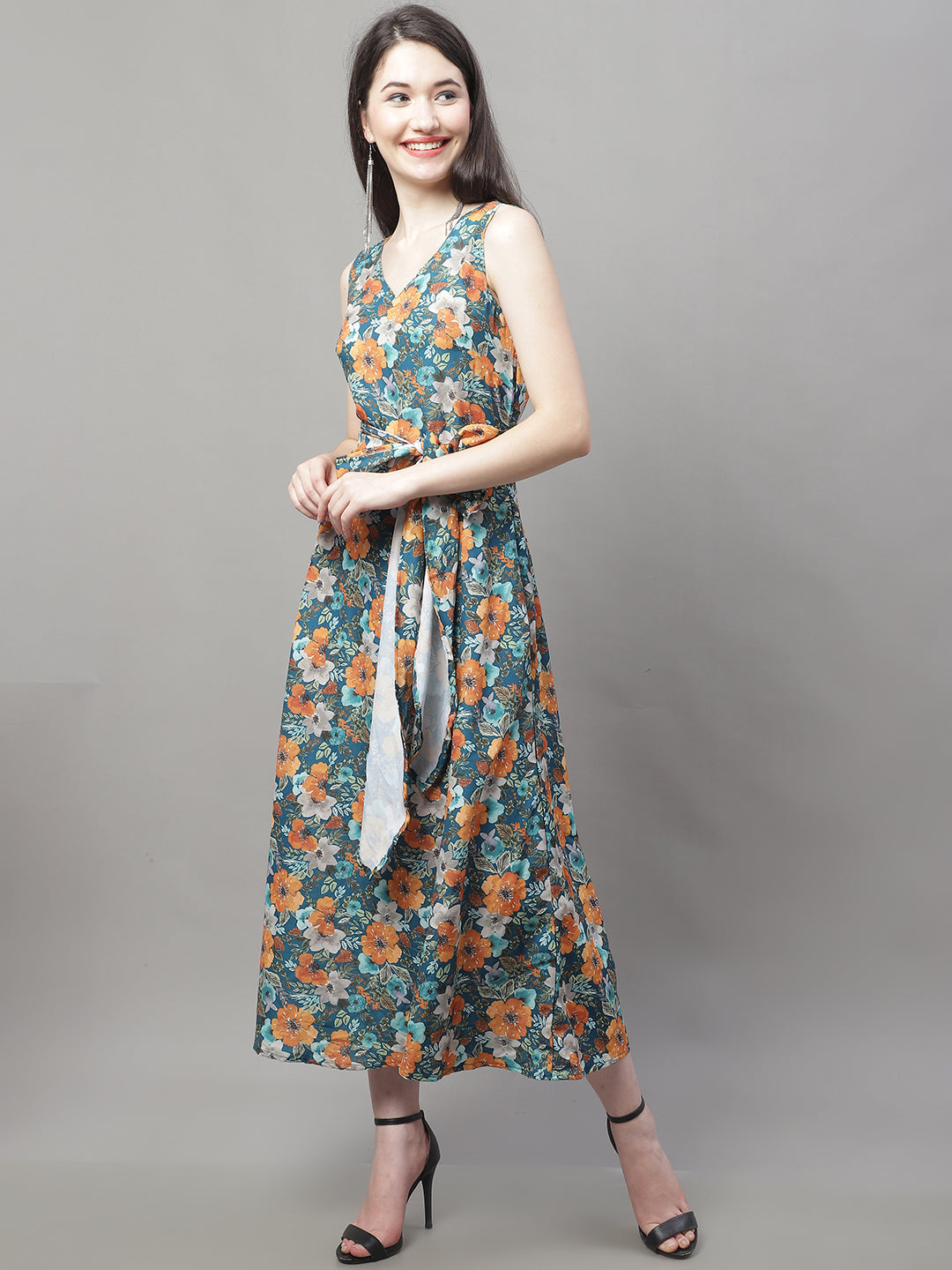 Jainish Women's Teal Blue Printed A-Line Dresses