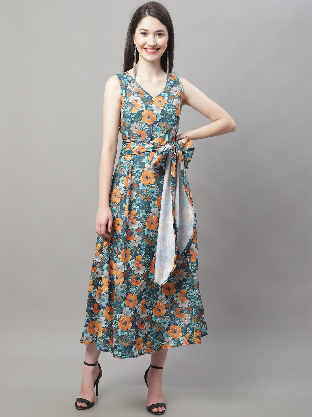 Jainish Women's Teal Blue Printed A-Line Dresses