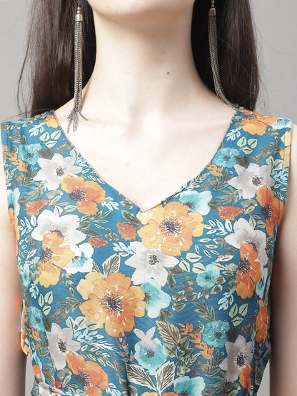 Jainish Women's Teal Blue Printed A-Line Dresses