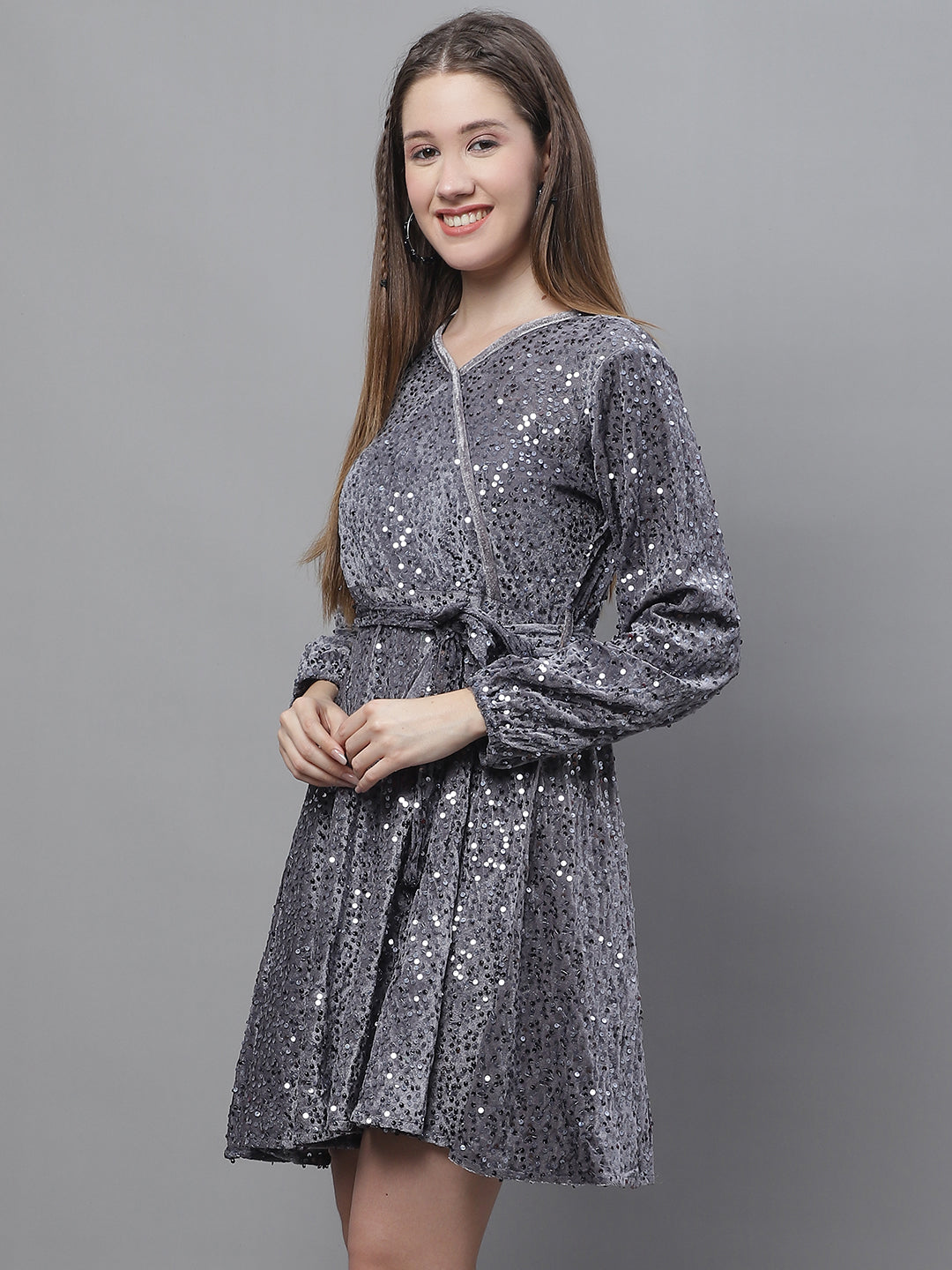 Jainish Women's WoSequin Velvet A-line dress - Grey