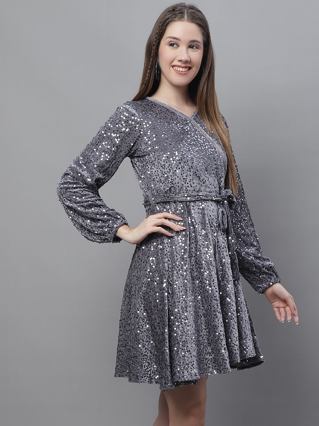 Jainish Women's WoSequin Velvet A-line dress - Grey