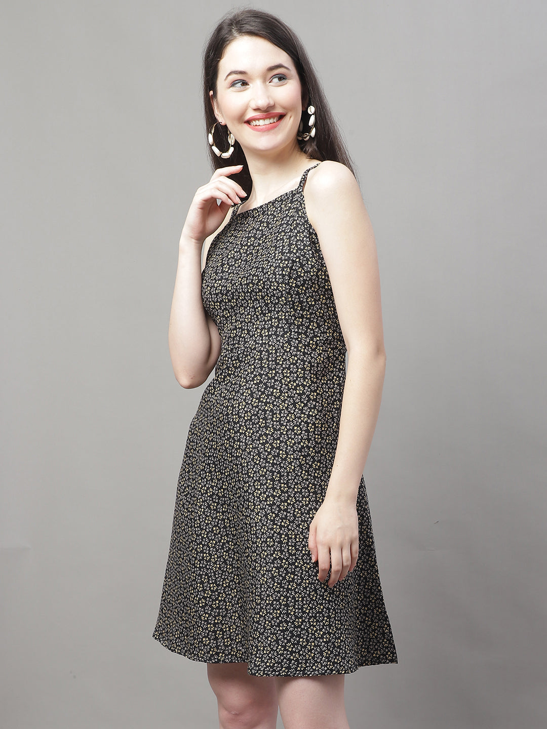 Jainish Women's Grey Floral Printed A-Line Dresses