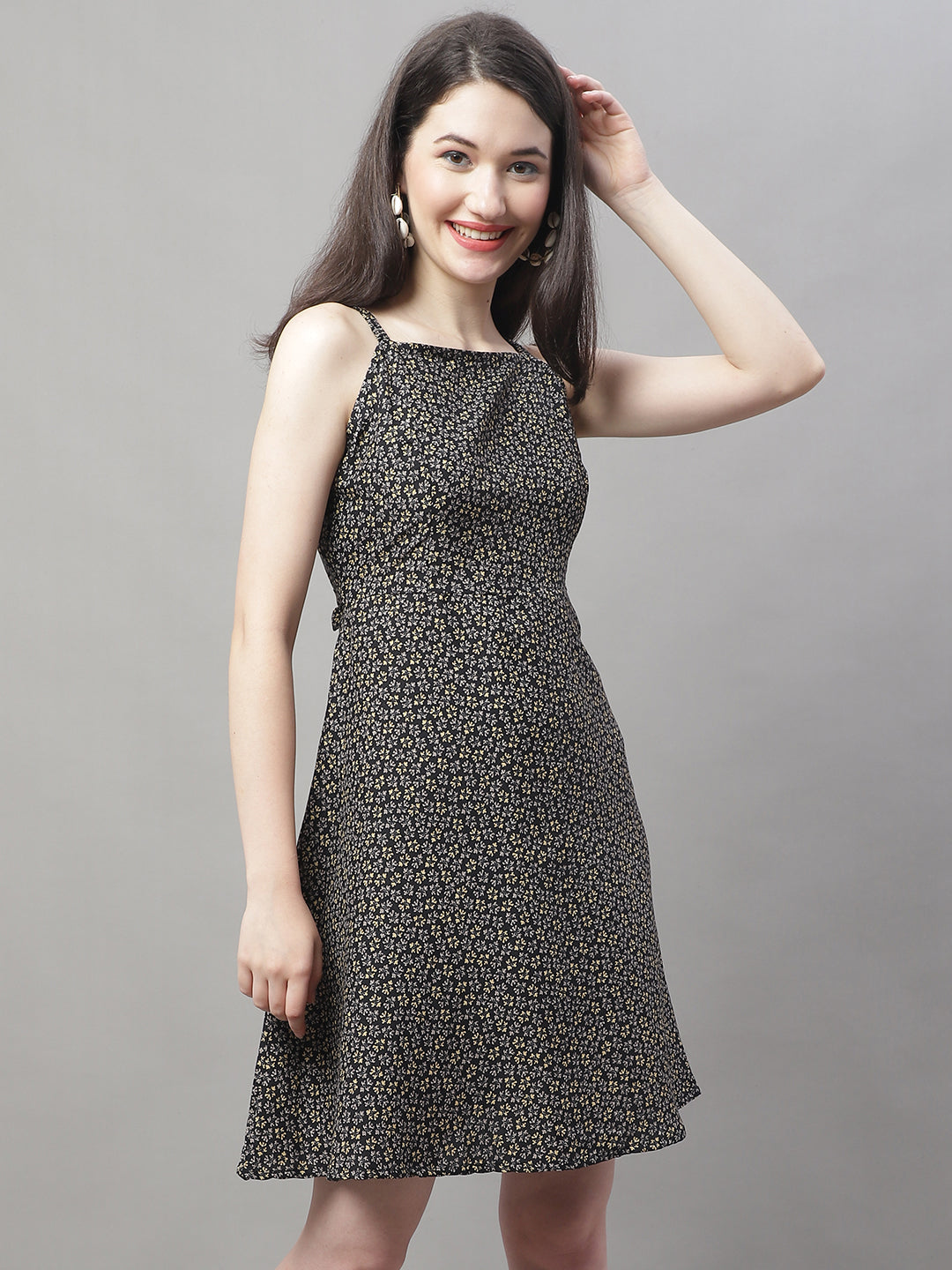 Jainish Women's Grey Floral Printed A-Line Dresses