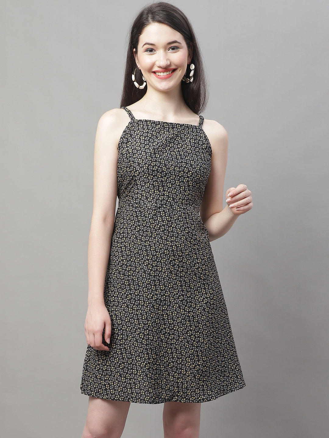 Jainish Women's Grey Floral Printed A-Line Dresses