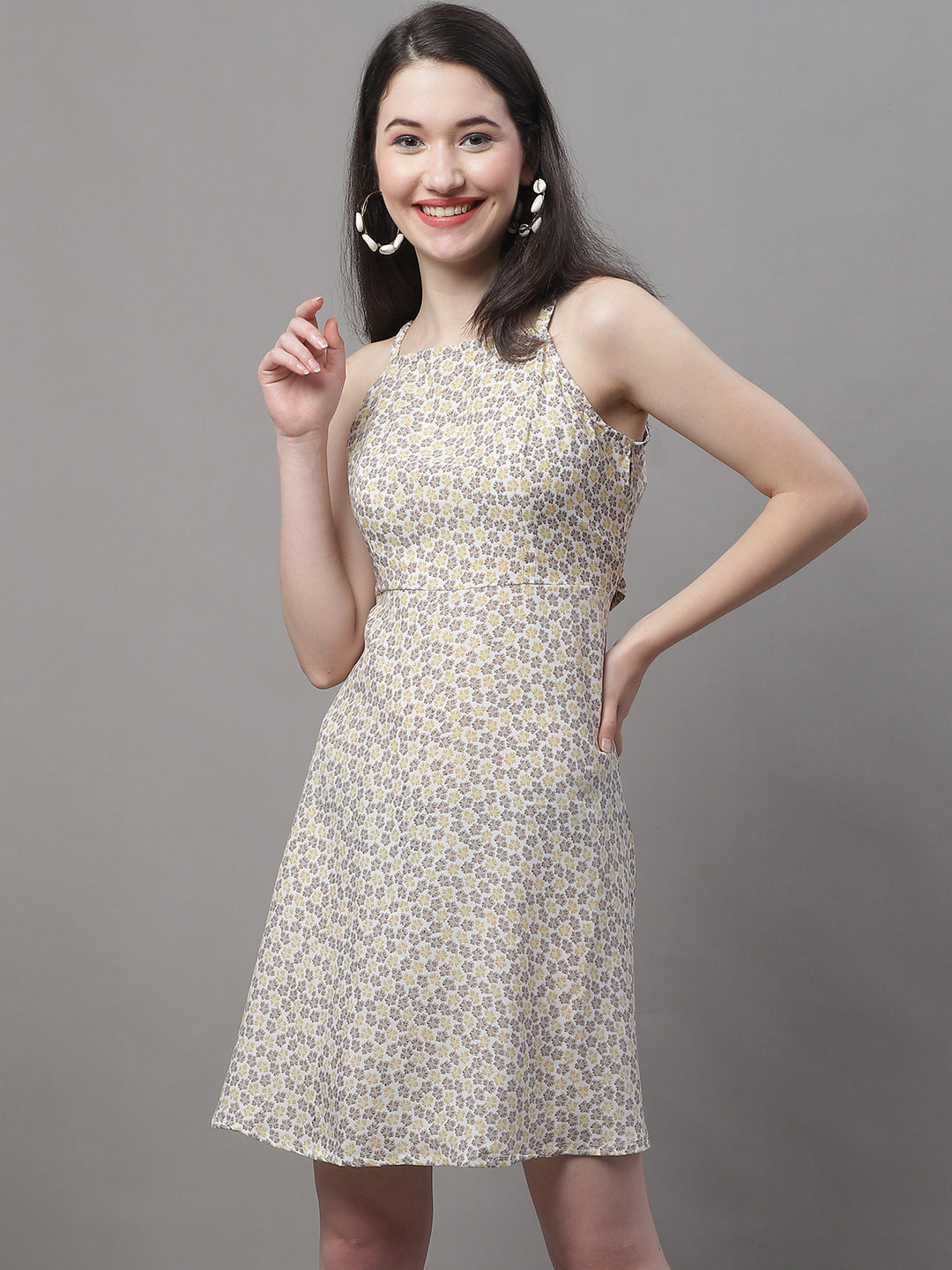 Jainish Women's Off White Floral Printed A-Line Dresses