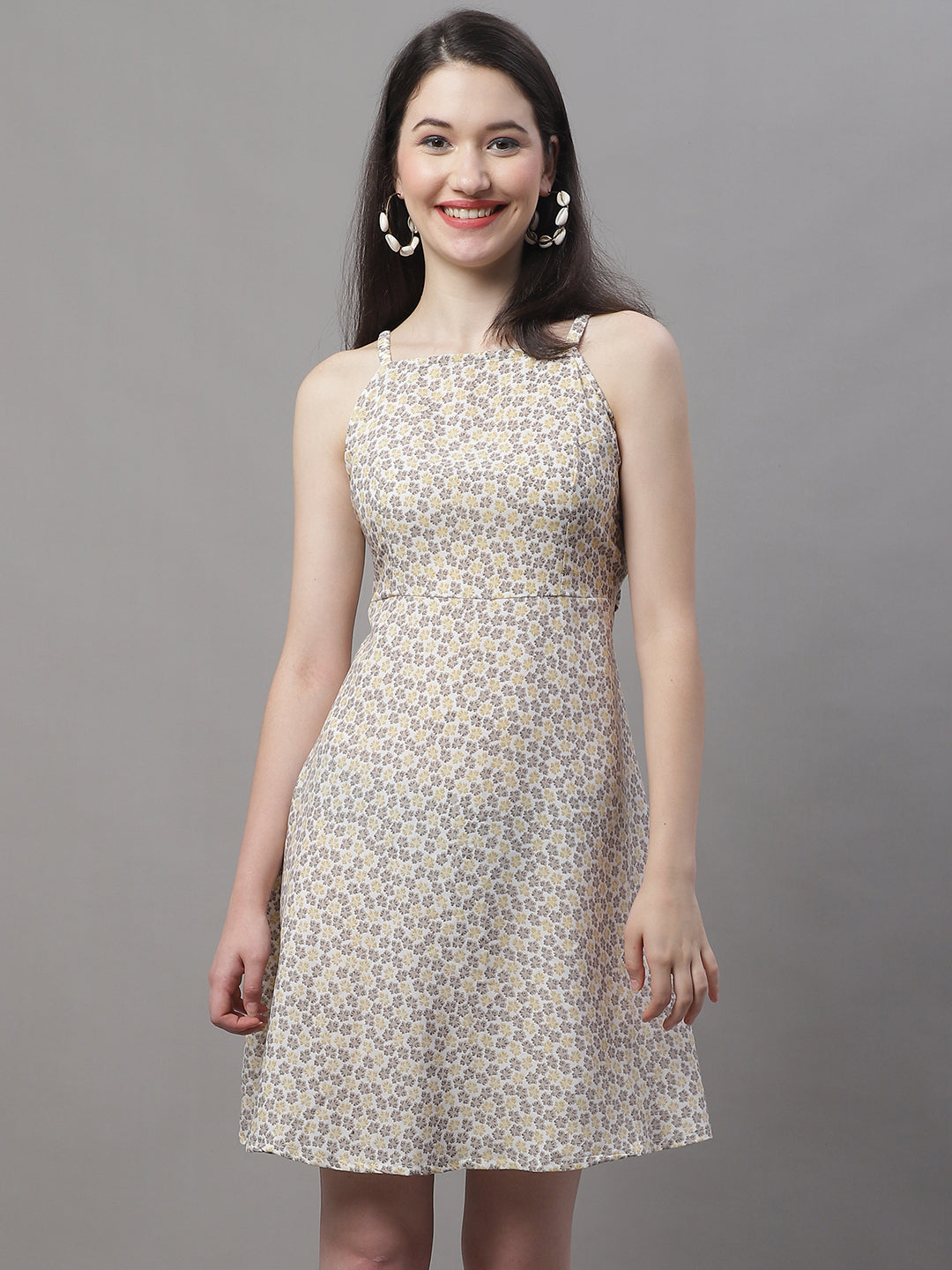 Jainish Women's Off White Floral Printed A-Line Dresses