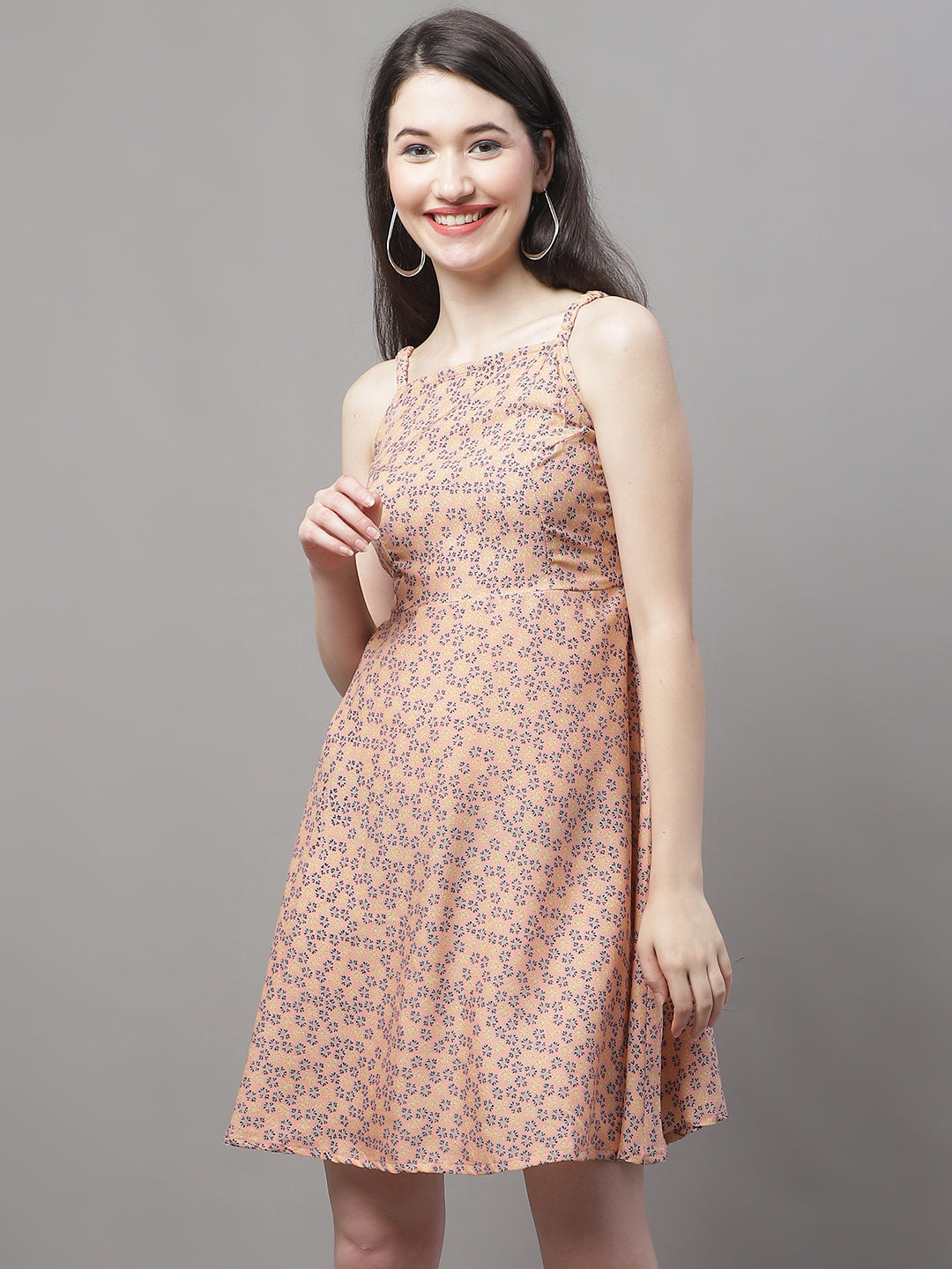 Jainish Women's Peach Floral Printed A-Line Dresses