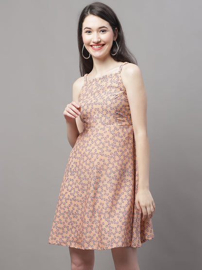 Jainish Women's Peach Floral Printed A-Line Dresses