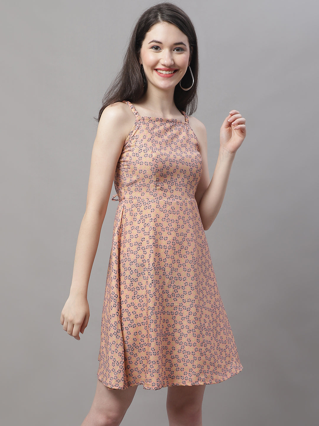 Jainish Women's Peach Floral Printed A-Line Dresses