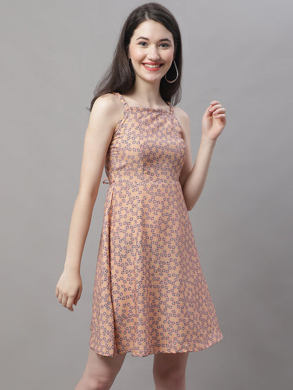 Jainish Women's Peach Floral Printed A-Line Dresses