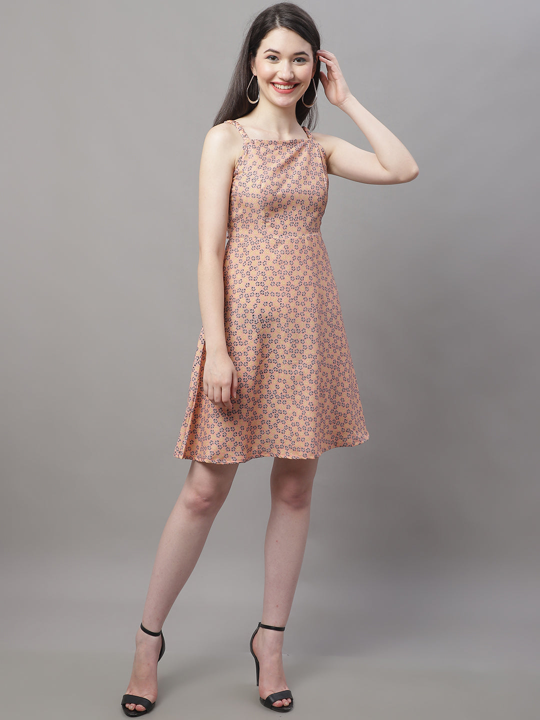 Jainish Women's Peach Floral Printed A-Line Dresses