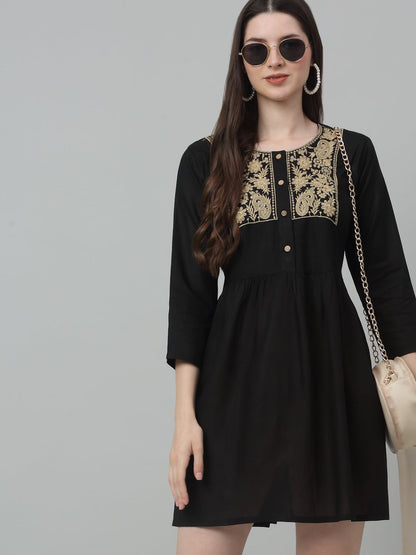 Jainish Women's WoEmbroidered A-line Dress - Black