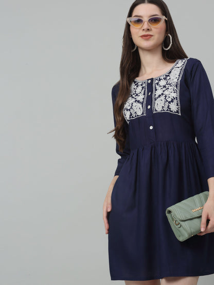 Jainish Women's WoEmbroidered A-line Dress - Navy Blue