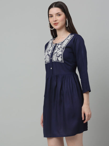 Jainish Women's WoEmbroidered A-line Dress - Navy Blue