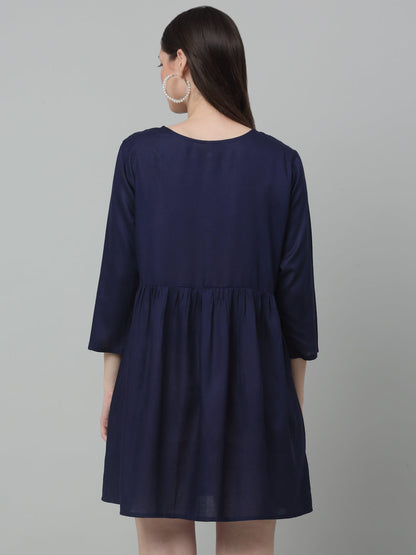 Jainish Women's WoEmbroidered A-line Dress - Navy Blue