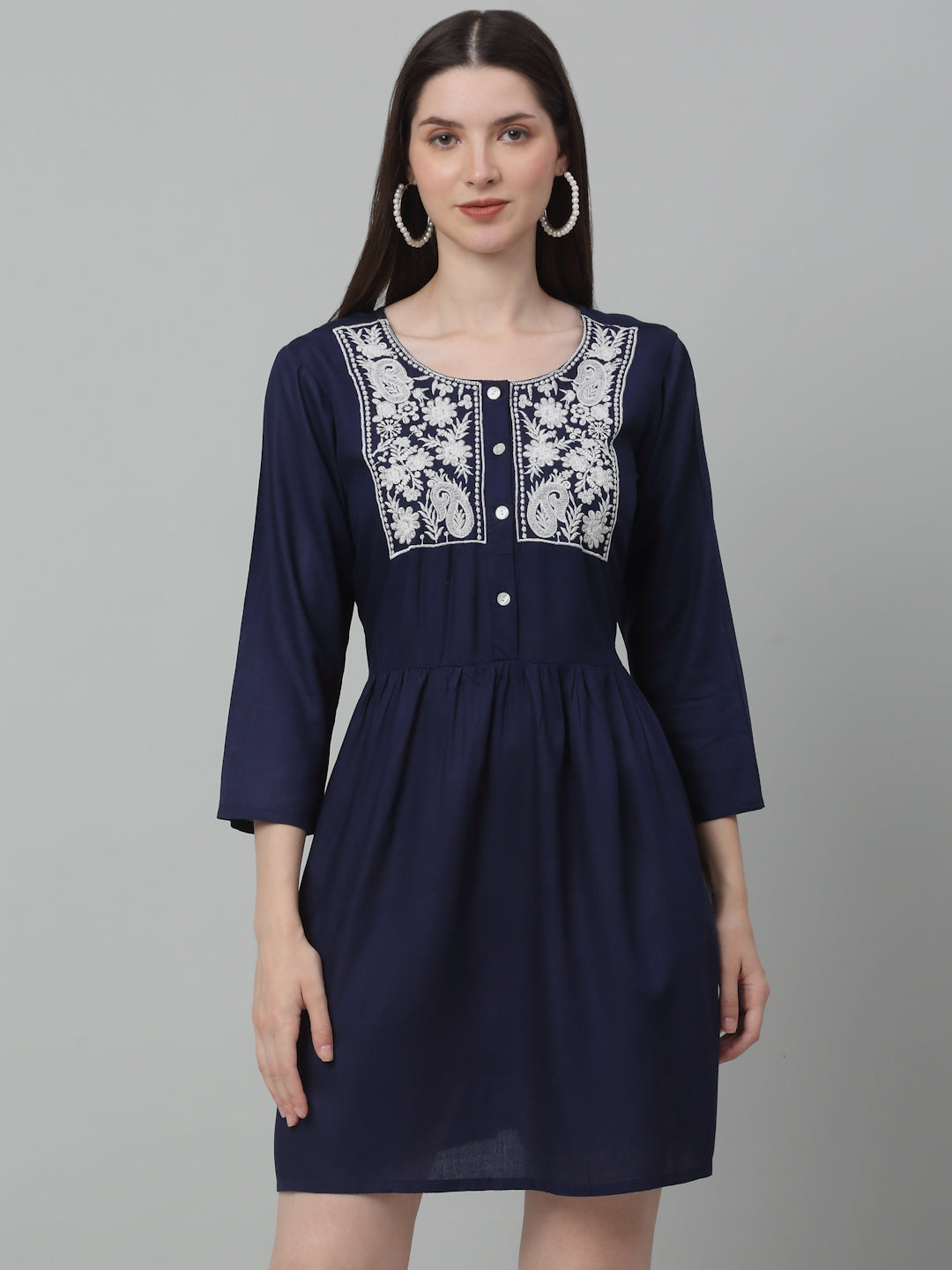 Jainish Women's WoEmbroidered A-line Dress - Navy Blue