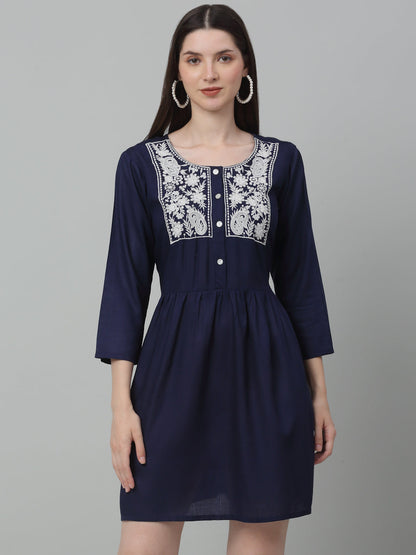 Jainish Women's WoEmbroidered A-line Dress - Navy Blue