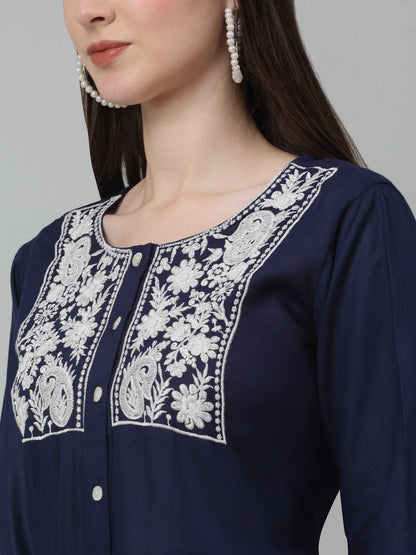 Jainish Women's WoEmbroidered A-line Dress - Navy Blue
