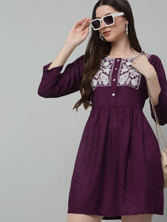 Jainish Women's WoEmbroidered A-line Dress - Purple