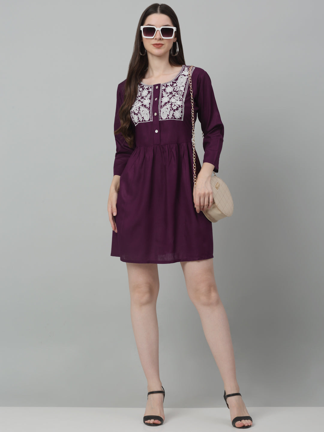 Jainish Women's WoEmbroidered A-line Dress - Purple