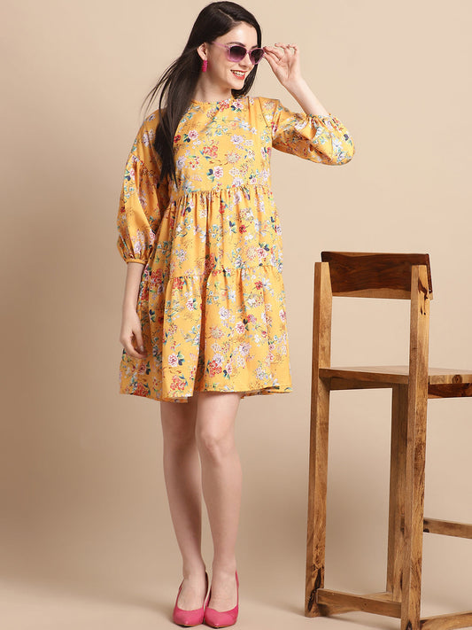 Jainish Women's Yellow Printed A-Line Dress