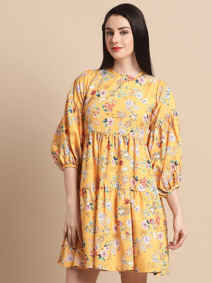 Jainish Women's Yellow Printed A-Line Dress