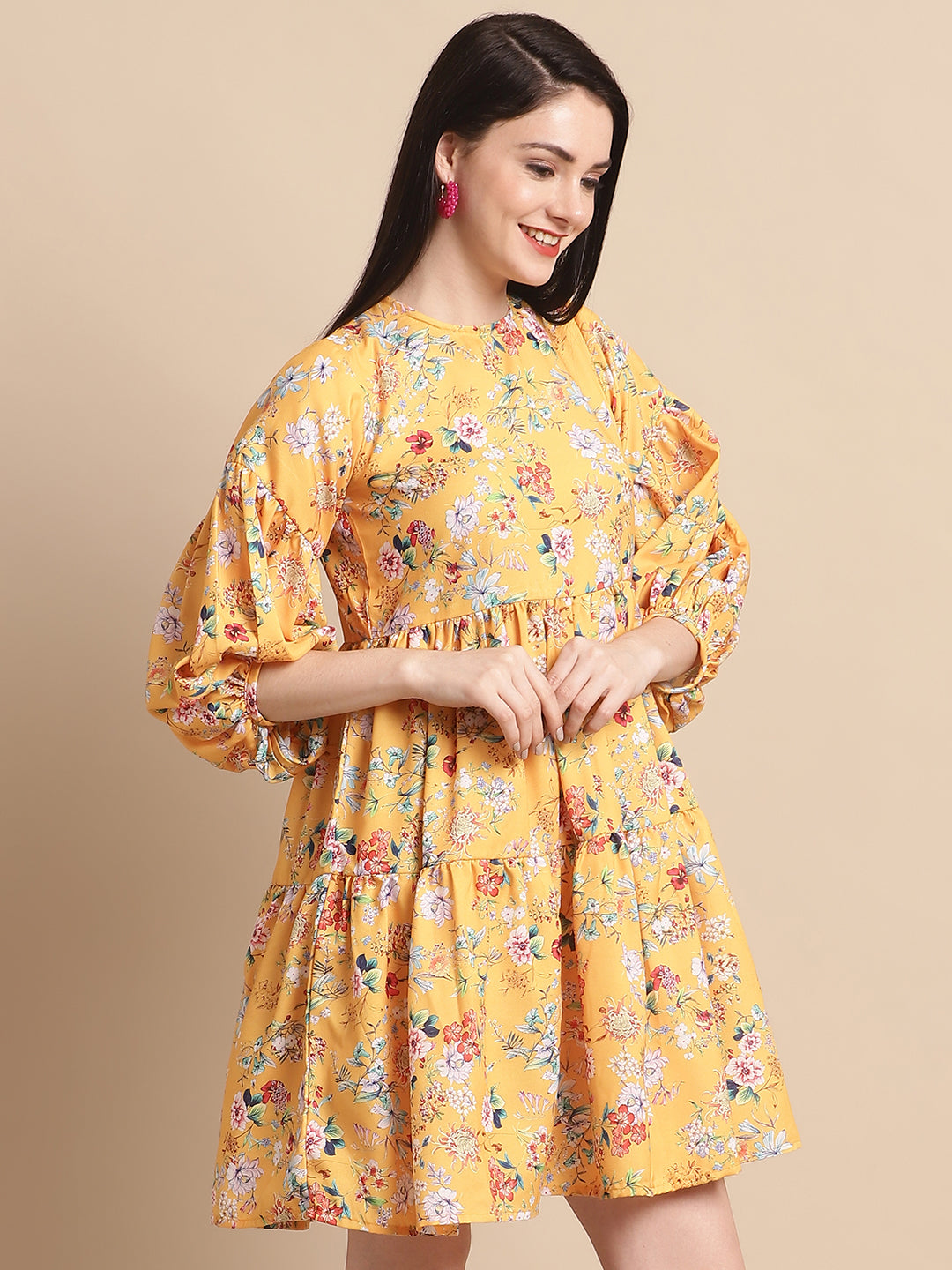 Jainish Women's Yellow Printed A-Line Dress