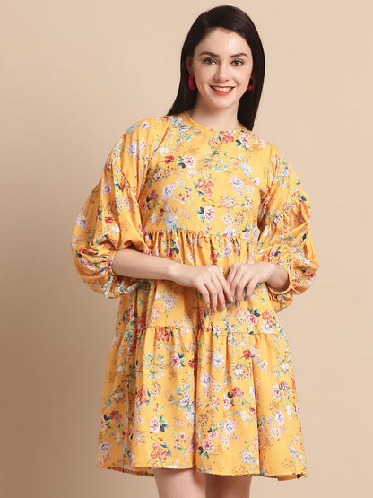 Jainish Women's Yellow Printed A-Line Dress