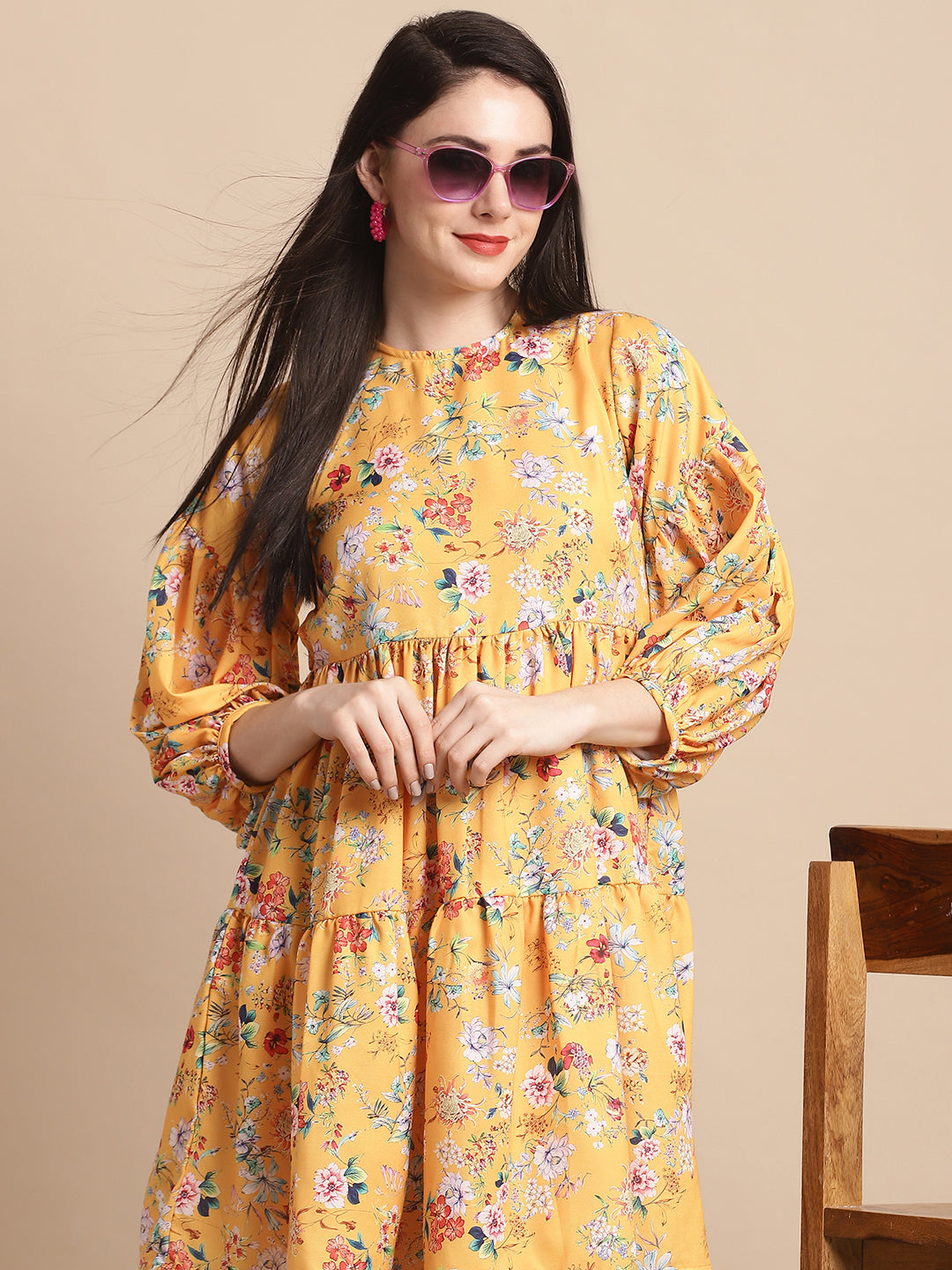 Jainish Women's Yellow Printed A-Line Dress