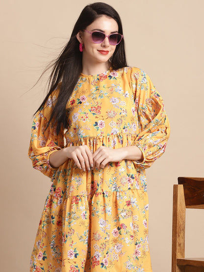Jainish Women's Yellow Printed A-Line Dress