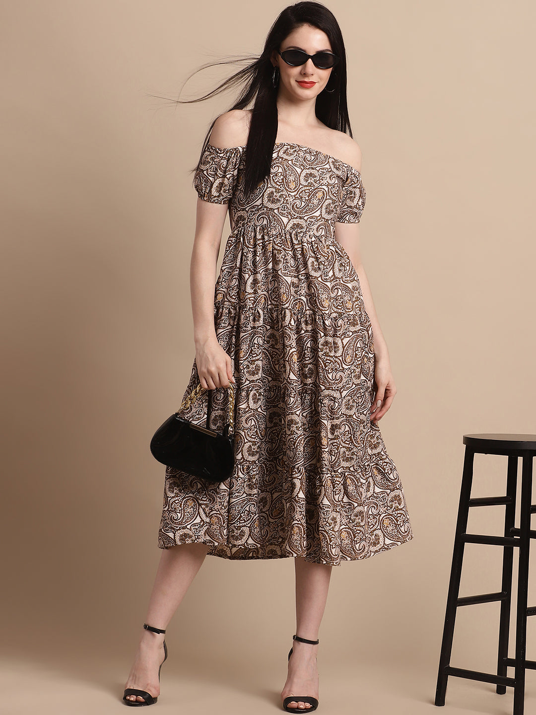 Jainish Women's WoBrown Printed off-Shoulder Dress