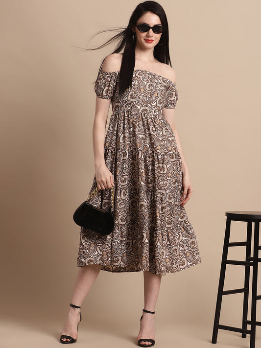 Jainish Women's WoBrown Printed off-Shoulder Dress