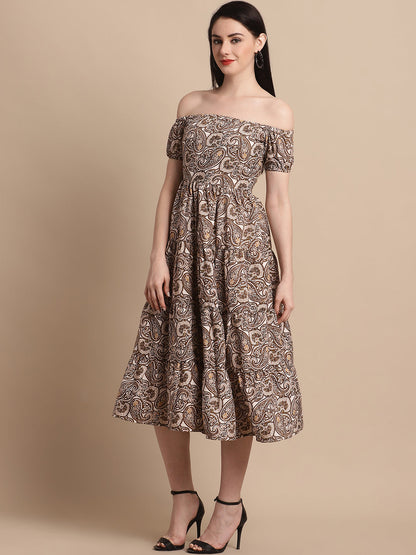 Jainish Women's WoBrown Printed off-Shoulder Dress