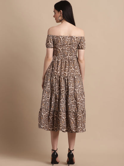 Jainish Women's WoBrown Printed off-Shoulder Dress