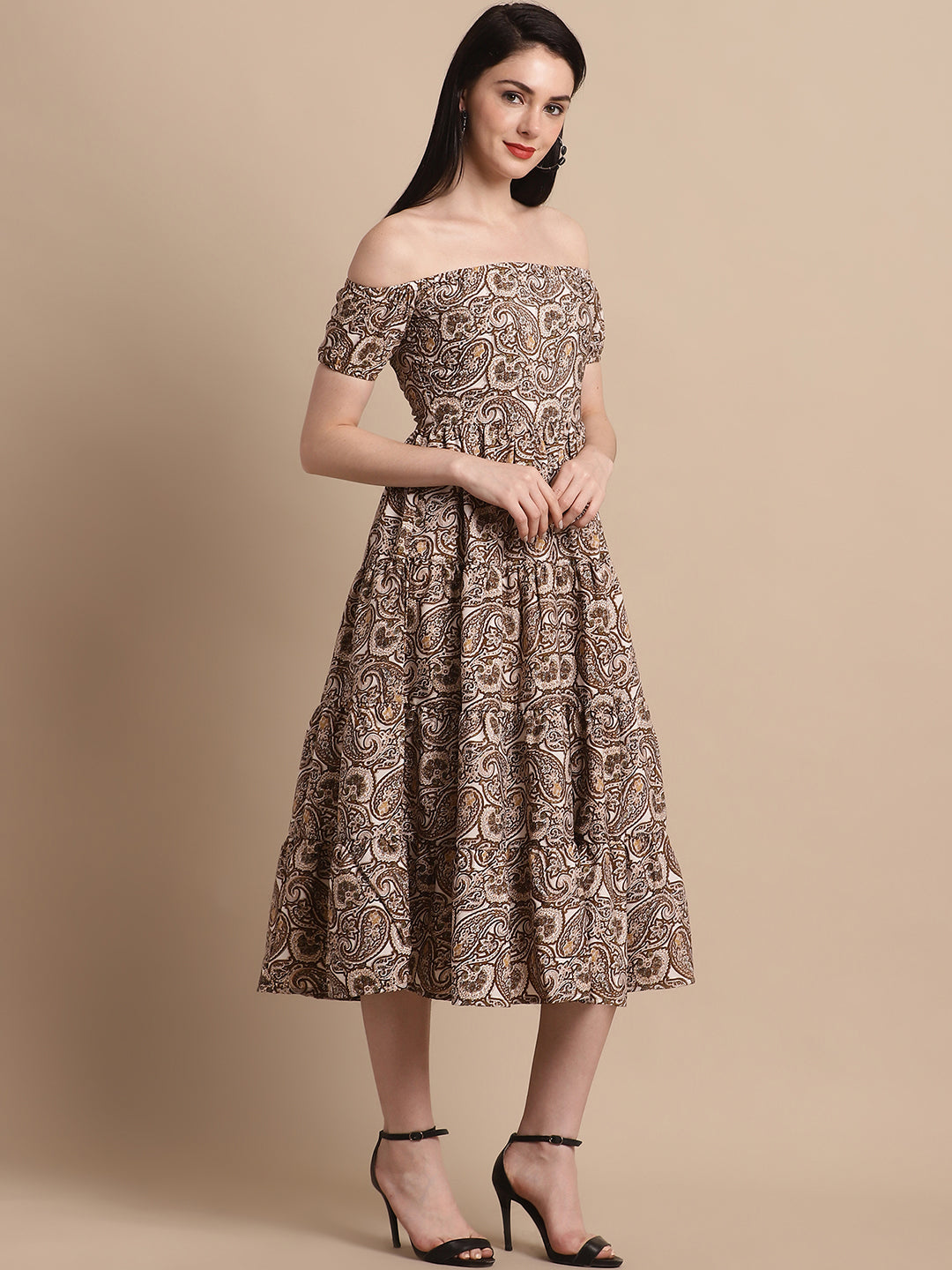 Jainish Women's WoBrown Printed off-Shoulder Dress