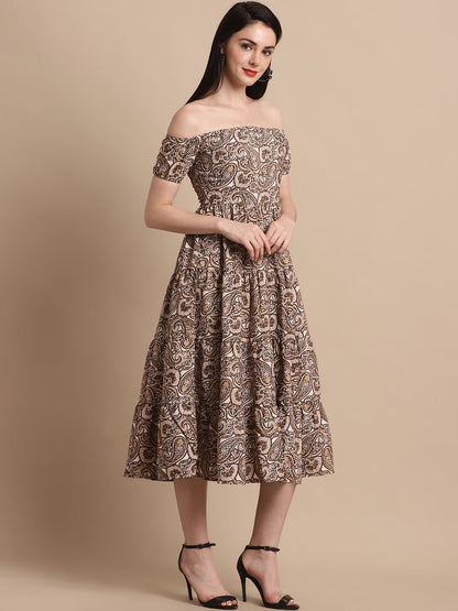 Jainish Women's WoBrown Printed off-Shoulder Dress