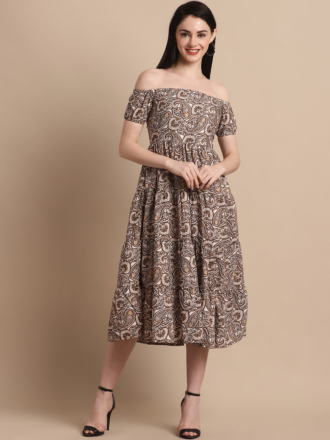 Jainish Women's WoBrown Printed off-Shoulder Dress