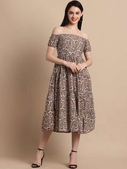 Jainish Women's WoBrown Printed off-Shoulder Dress
