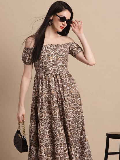 Jainish Women's WoBrown Printed off-Shoulder Dress