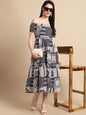 Jainish Women's WoNavy Blue Printed off-Shoulder Dress