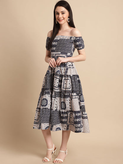 Jainish Women's WoNavy Blue Printed off-Shoulder Dress
