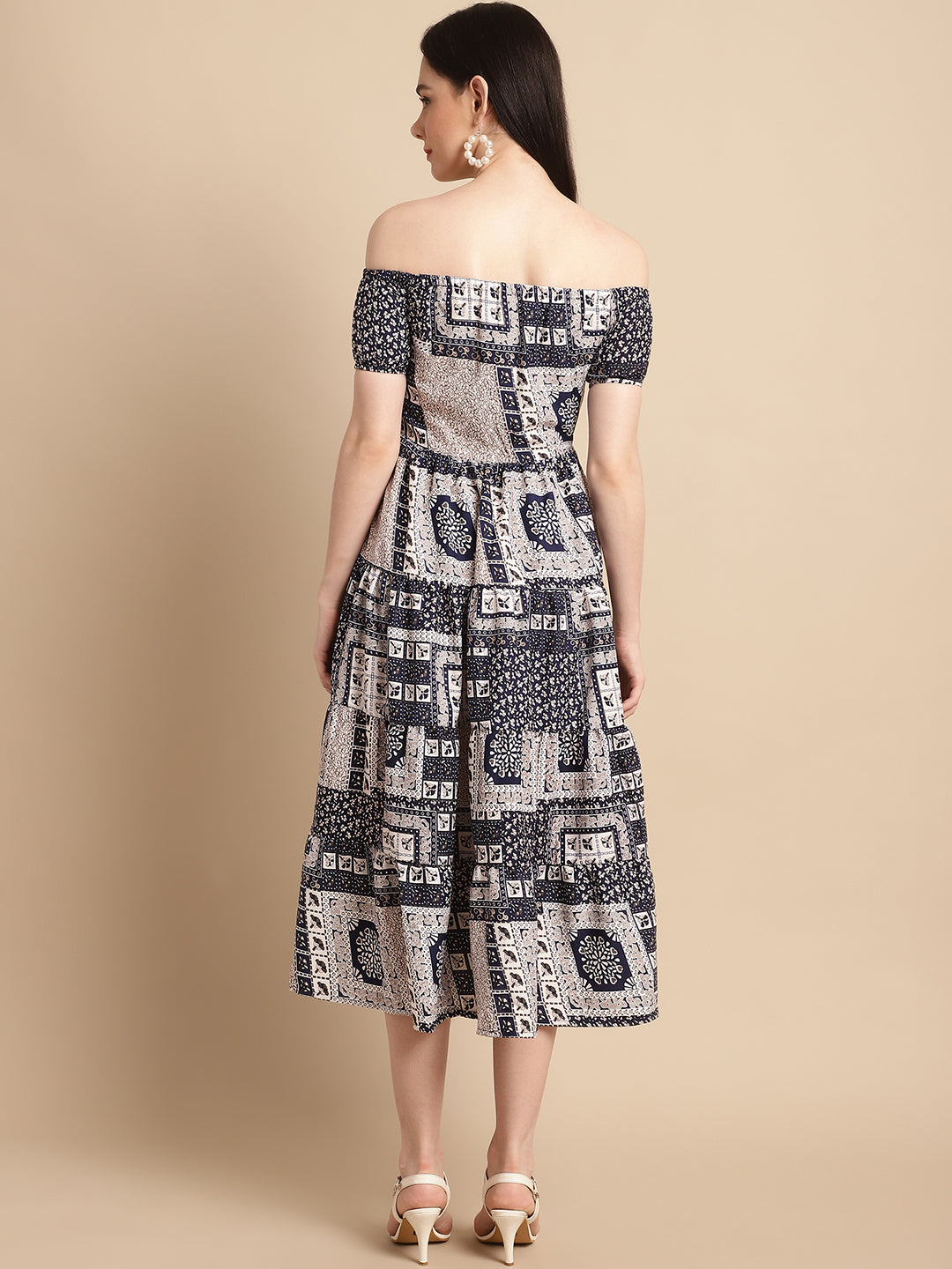 Jainish Women's WoNavy Blue Printed off-Shoulder Dress