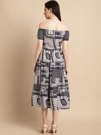 Jainish Women's WoNavy Blue Printed off-Shoulder Dress