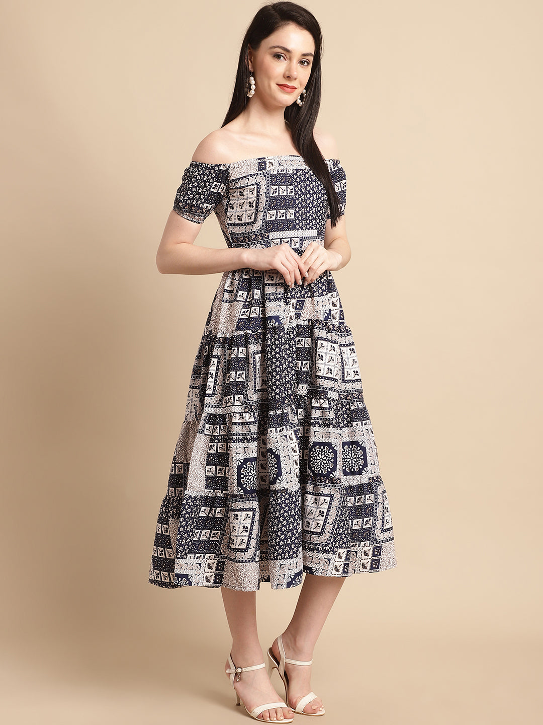 Jainish Women's WoNavy Blue Printed off-Shoulder Dress