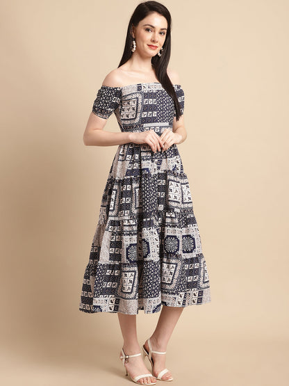 Jainish Women's WoNavy Blue Printed off-Shoulder Dress