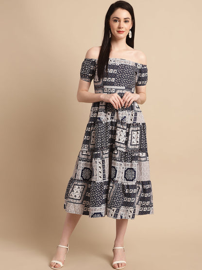 Jainish Women's WoNavy Blue Printed off-Shoulder Dress