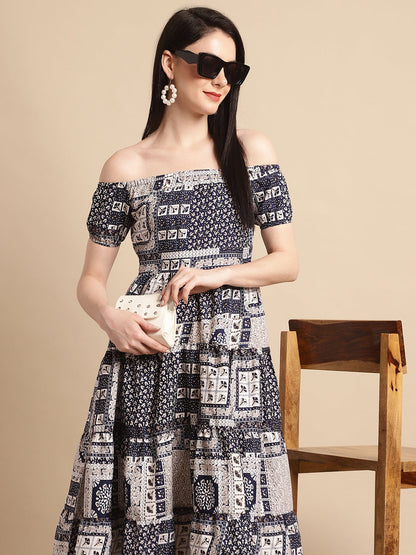 Jainish Women's WoNavy Blue Printed off-Shoulder Dress